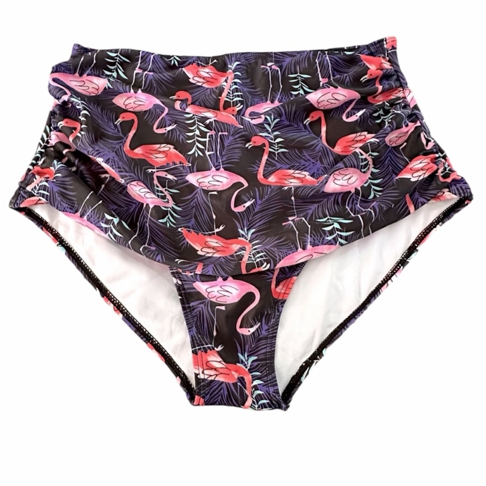 Flamingo Print High-Waisted Bikini Bottoms - Size XL (Waist 14”) Pre-Loved